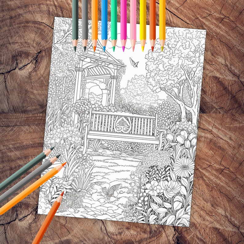Secret Gardens Coloring Page Book, Instant Download grayscale Coloring