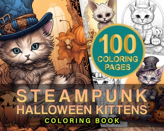 Cat Coloring Book, Steampunk Coloring Page, Grayscale Coloring Page, Printable PDF, Kitten Coloring Page, Cat Lover, Halloween Coloring Book