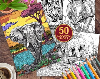 50 Wild Animals Coloring Pages | Safari Jungle Coloring Page | Adult + Kids Coloring Instant Download Grayscale | Printable Pdf Coloring