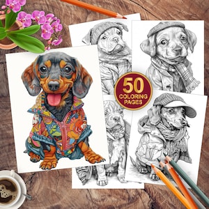 50 Dogs Wearing Clothes Grayscale Coloring Book | Adults And Kids | Instant Download | Kid Or Adult Coloring Book | Printable Coloring Pages