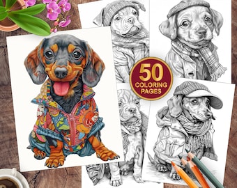 50 Dogs Wearing Clothes Grayscale Coloring Book | Adults And Kids | Instant Download | Kid Or Adult Coloring Book | Printable Coloring Pages