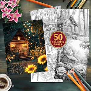50 Cozy Rustic Cabin Coloring Pages - Printable Grayscale Art for Adults - Nature Scenes - Instant Download Forest Lake Cabin Coloring Book