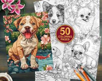 50 Páginas para colorir de cachorrinhos florais - Adorável livro para impressão em tons de cinza para adultos e crianças - Download instantâneo - Livro para colorir para aliviar o estresse