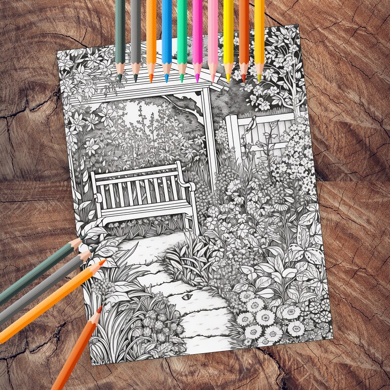 Secret Gardens Coloring Page Book, Instant Download grayscale Coloring