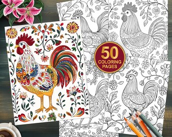 50 Folk Art Roosters Digital Coloring Book | Boho Flowers Coloring Page | Printable Coloring Pages | Easy Coloring for Adults Floral Design
