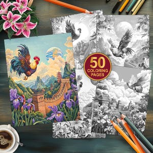 50 Rooster Coloring Pages | Landscape Coloring Pages | Printable Adult Coloring Sheets | Digital Download | Floral Designs for Relaxation