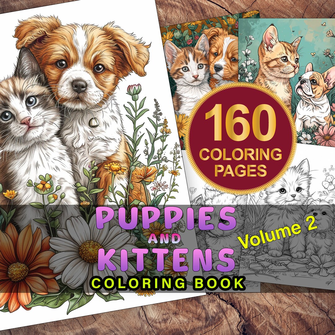 Cat Coloring Page Book, Dogs Coloring Book, Puppies and Kittens