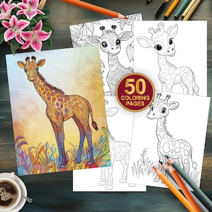 50 Baby Giraffe Coloring Pages - Fun and Creative Art for Kids - Instant Download - Printable PDF - Adult + Kids Wild Animals Coloring Book
