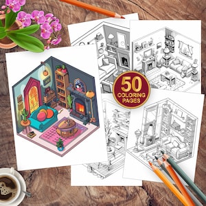 50 Pocket Room Coloring Book | Aesthetic Adult Coloring Page | Isometric Room | Printable Boho Cozy Interior Design PDF Coloring Pages