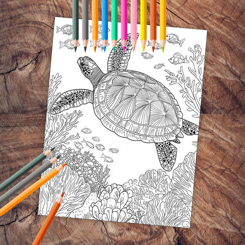 Colorful sea creatures coloring book pages