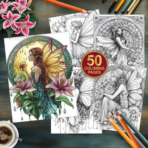 50 Mandala Fairy Coloring Pages - Printable Adult Coloring Book - Beautiful Grayscale Designs Instant Download - Enchanted Fairy Floral Art
