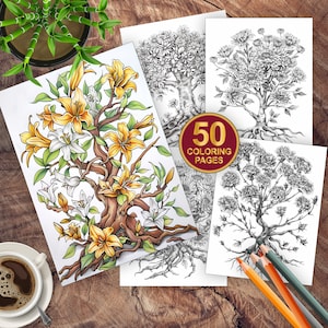 50 Fantasy Flower Trees Coloring Pages | Botanical Coloring | Flower Coloring Page | Adult + Kids Coloring Book | Grayscale Coloring Sheets