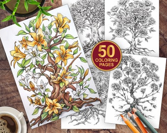 50 páginas para colorear de árboles con flores de fantasía / Dibujos botánicos para colorear / Página para colorear de flores / Libro para colorear para adultos y niños / Hojas para colorear en escala de grises