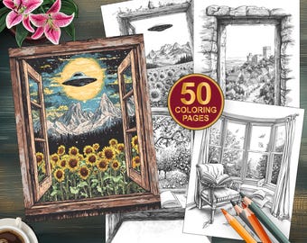 50 páginas para colorear de paisajes con ventanas - Páginas de paisajes con ventanas de cuentos de hadas - Dibujos para colorear en escala de grises para adultos y niños - Descarga digital imprimible