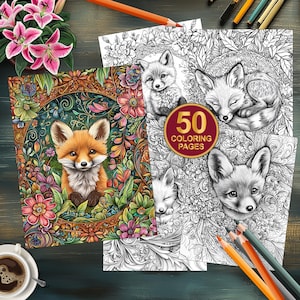 May include: A set of 50 coloring pages featuring intricate illustrations of foxes in various poses. The pages are printed on high-quality paper and are perfect for adults and children who enjoy coloring.