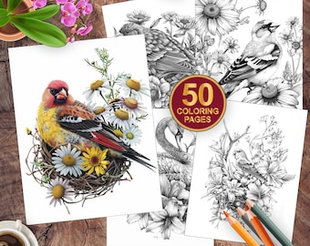 50 Beautiful Birds Coloring Pages | Instant Download Coloring Sheets | Adults + Kids Coloring Page | Digital Download Flowers Coloring Book