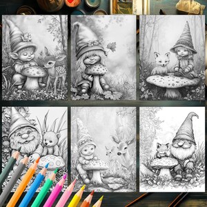Autumn baby gnomes in forest coloring book