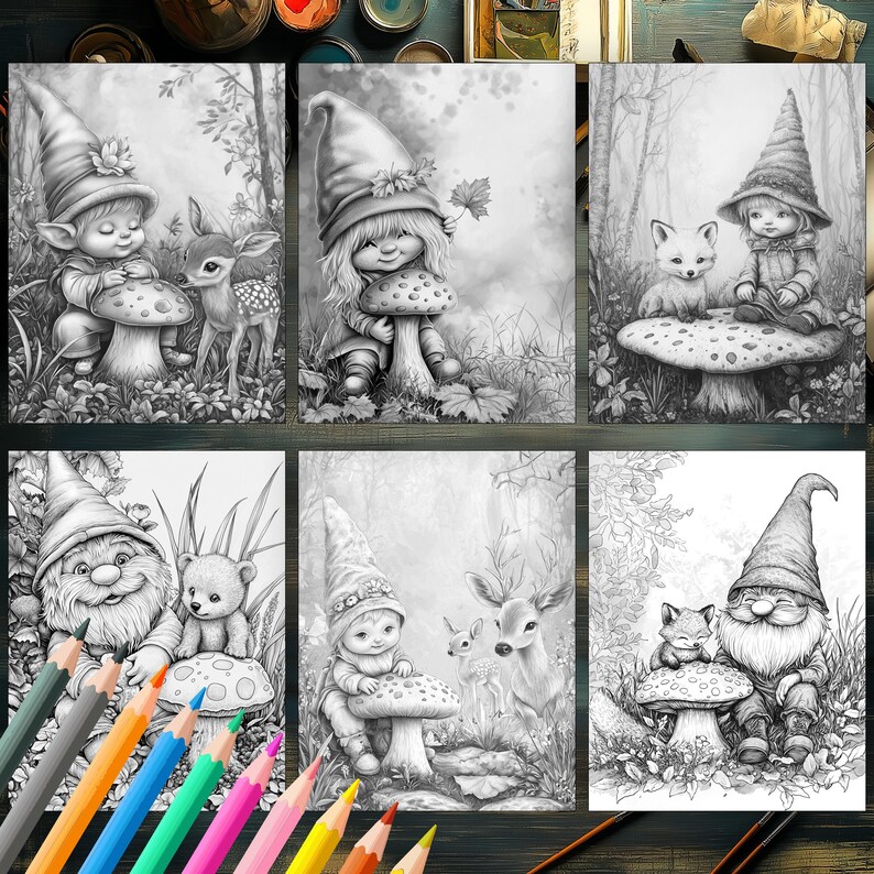 Autumn baby gnomes in forest coloring book