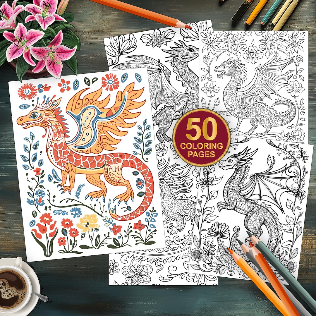 50 Folk Art Floral Dragons Digital Coloring Book | Boho Flowers ...