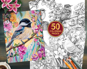 50 Garden Birds Coloring Book | Printable Grayscale Pages for Adults | Instant Download | Nature Art Relaxation | Printable Pdf Love Birds