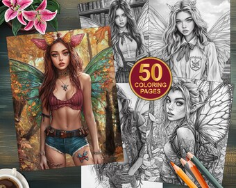 Kleurboek 50 moderne feeën | Leuke zomerfeeën | Afdrukbare pdf | Direct downloaden | Digitale download | Afdrukbaar grijswaarden voor volwassenen en tieners