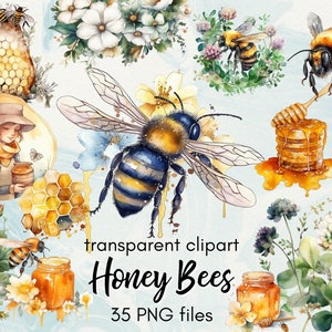 Watercolor Honey Bee Transparent PNG ClipArt Bundle, Spring Flowers, Garden Honey bees clip art graphics instant download, commercial use