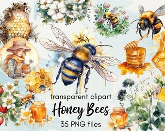 Watercolor Honey Bee Clipart Bundle, Spring Flowers (PNG Digital Download)