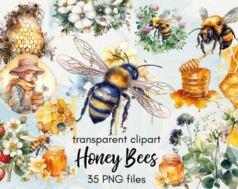 Watercolor Honey Bee Transparent PNG ClipArt Bundle, Spring Flowers, Garden Honey bees clip art graphics instant download, commercial use