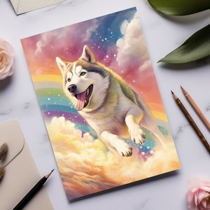Tarjeta de condolencias para mascotas con ilustraciones de un perro husky siberiano retozando bajo un arcoíris