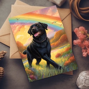 Tarjeta de condolencias para mascotas con ilustraciones de un perro labrador de laboratorio negro retozando bajo un arcoíris