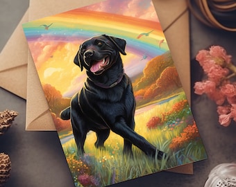 Pet Sympathy Card Featuring Artwork of a Black Lab Labrador Dog frolicking under a Rainbow