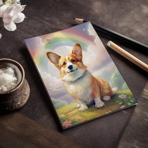 Carte de condoléances pour animaux de compagnie avec illustration d'un corgi sur le pont arc-en-ciel.