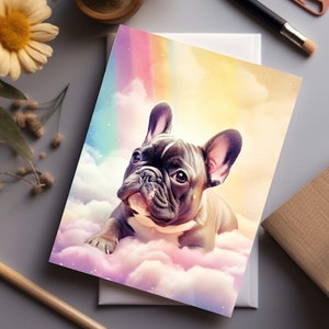 Carte de sympathie pour animaux de compagnie avec illustration d'un bouledogue français avec arc-en-ciel.
