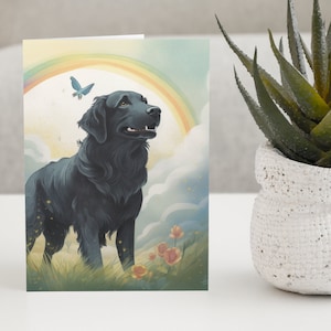 Tarjeta de pésame para mascotas con ilustraciones de un perro perdiguero de pelo negro con arcoíris