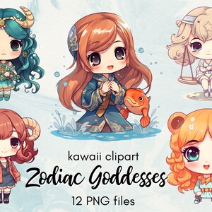 12 Zodiac Goddesses Kawaii ClipArt Bundel, Prinsessen, Schattig, Astrologie, Digitaal, Transparant, Sublimatie