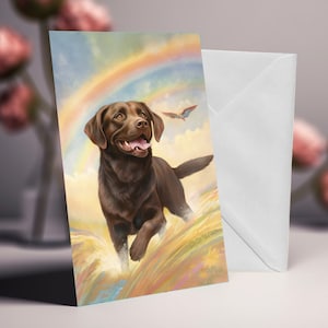 Tarjeta de pésame para mascotas con ilustraciones de un perro labrador retriever color chocolate con un arcoíris