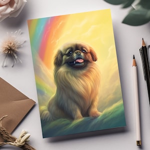 Tarjeta de pésame para mascotas con un perro pequinés bajo un arcoíris en suaves colores pastel