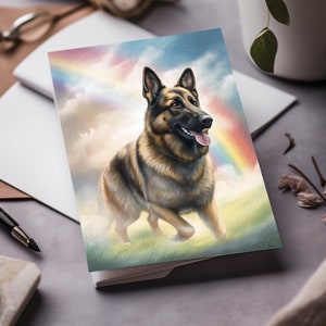 Tarjeta de condolencias conmemorativa de mascotas con ilustraciones de pastor alemán en el cielo