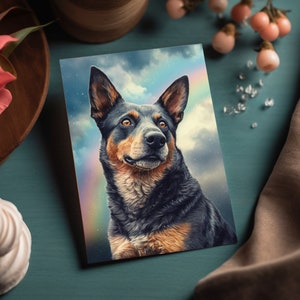 Tarjeta de pésame para mascotas con ilustraciones de un perro Blue Heeler con arcoíris