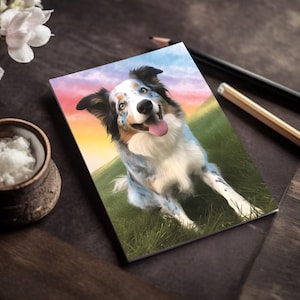 Carte de condoléances pour animaux de compagnie avec illustration d'un border collie sur le pont arc-en-ciel.