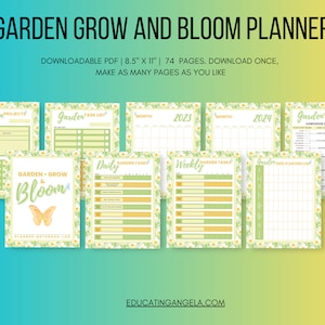 May include: A collection of printable garden planners with a floral design. The planners include sections for projects, task lists, and calendars for 2023 and 2024. The text "Garden Grow and Bloom Planner" is at the top. The pages are 8.5" x 11".