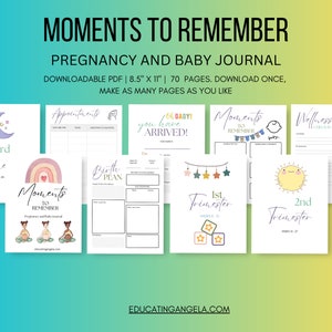 Peut inclure: Un journal de grossesse et de bébé imprimable avec une couverture colorée représentant un arc-en-ciel et le texte "Moments to Remember". Le journal comprend des pages pour les rendez-vous, les bilans de bien-être, un plan de naissance et chaque trimestre.