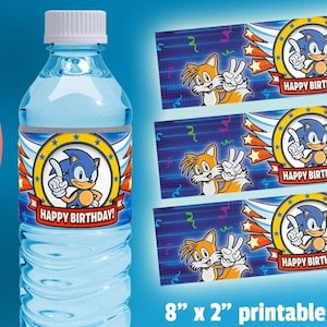 Sonic Digital Water Bottle Labels - 8&quot; x 2&quot; Sonic the Hedgehog Printable Birthday Party or Event Labels - Color Digital Template