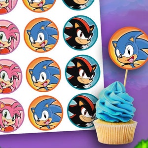 Adorno para cupcakes de Sonic the Hedgehog imprimible digitalmente - Adornos circulares de 5 cm para fiestas de cumpleaños o eventos - con Amy y Shadow
