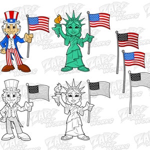 Clip Art da América Tio Sam, Estátua da Liberdade, Bandeiras Patrióticas Americanas, Vetores de Desenhos Animados, Uso Comercial, Escolar e Pessoal.