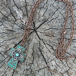 Teal and Copper Cross Long Necklace