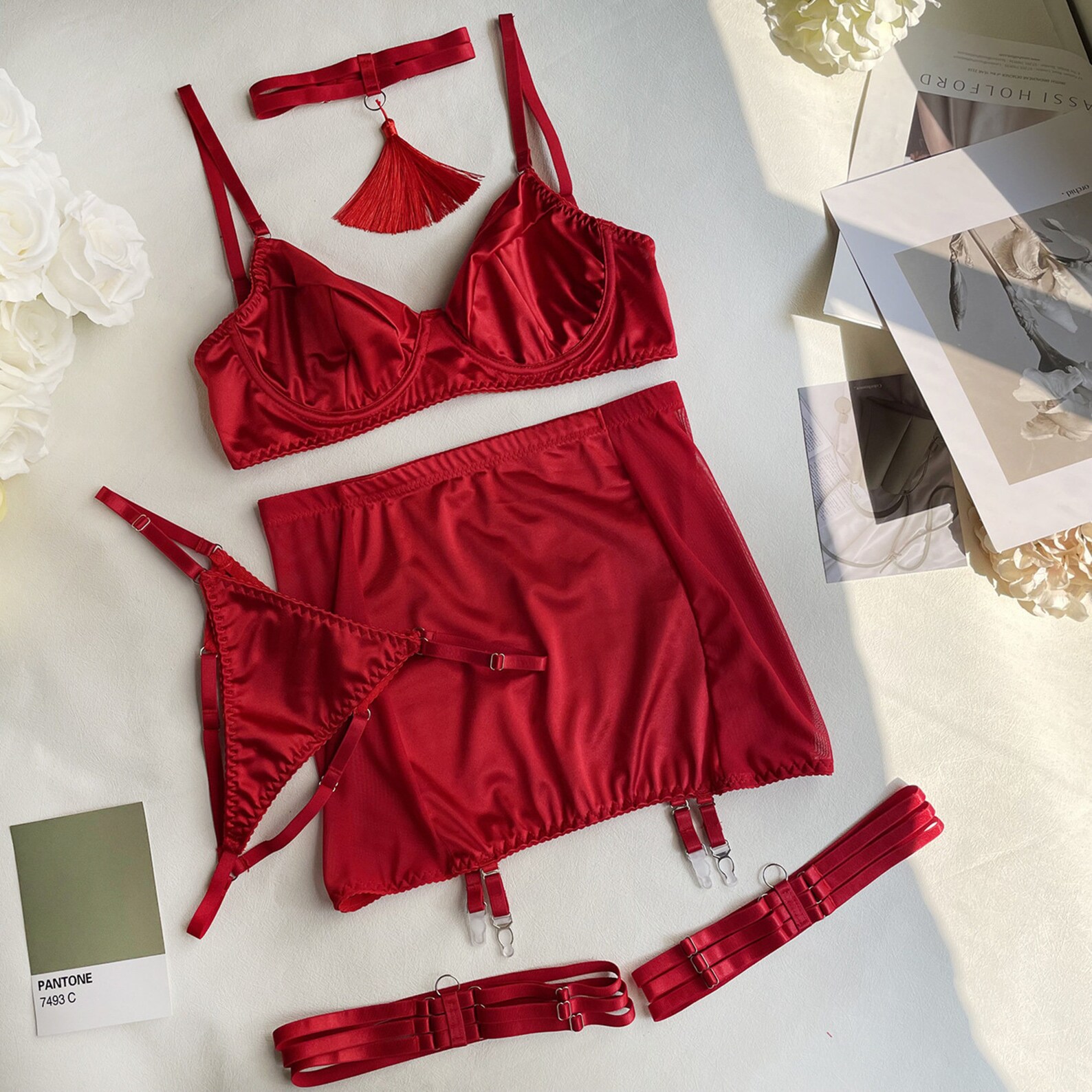 Red Satin Lingerie Satin Underwear Satin Lace Lingerie 5-piece - Etsy