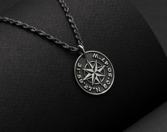 Custom 1st 2nd 3rd Year Anniversary Gift for Boyfriend - Mens Compass Necklace - Custom Date Location Coordinate Necklace - Dating Gift