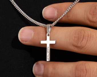 925 Sterling Silver Engraved Mens Cross Necklace - Personalized Cross Pendant Necklace for Men - Custom Fathers Day Gift - Cross Jewelry