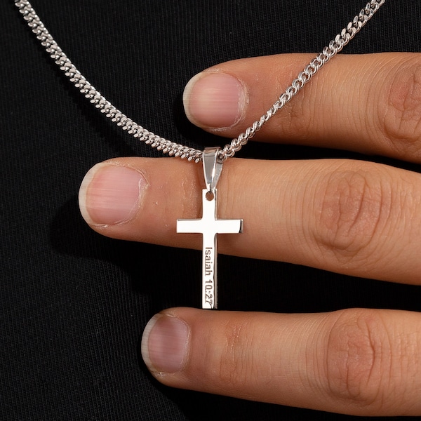 925 Sterling Silver Engraved Mens Cross Necklace - Personalized Cross Pendant Necklace for Men - Custom Fathers Day Gift - Cross Jewelry